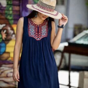 Navy Embroidered Lace-Up Sleeveless Shift Dress Boho Flowy Size SP
